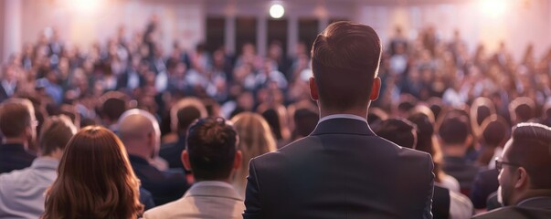 A perspective-based image capturing an attentive audience in a seminar or event setting. - obrazy, fototapety, plakaty