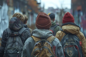 An urban shot capturing the backs of three individuals walking on a busy street, wearing casual winter attire and backpacks