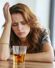 A woman suffers from a hangover, drinking excess alcohol and having a headache, hand in her head, and a glass of alcohol in front of her.
