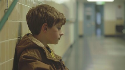 The sad boy sits alone, seeking refuge from the cruelty of school bullying.