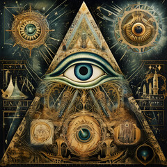 Mystic Collage: All-Seeing Eye Amidst a Tapestry of Esoteric Symbols and Ancient Glyphs