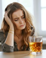 A woman suffers from a hangover, drinking excess alcohol and having a headache, hand in her head, a glass of alcohol in front of her.