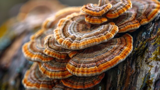 Close-up picture of mushroom, Turkey Tails, (Trametes versicolor) fruiting body on rotting tree log, Trametes versicolor