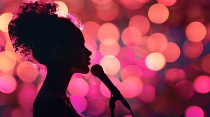 Silhouette of a female singer performing on the Stage close-up side view, bubble bokeh background.
