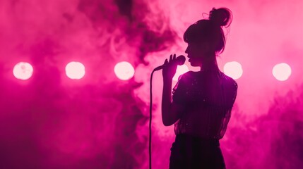 Silhouette of a female singer performing on the Stage, holding the microphone, pink smoke, and illuminated backlit stage lights.
