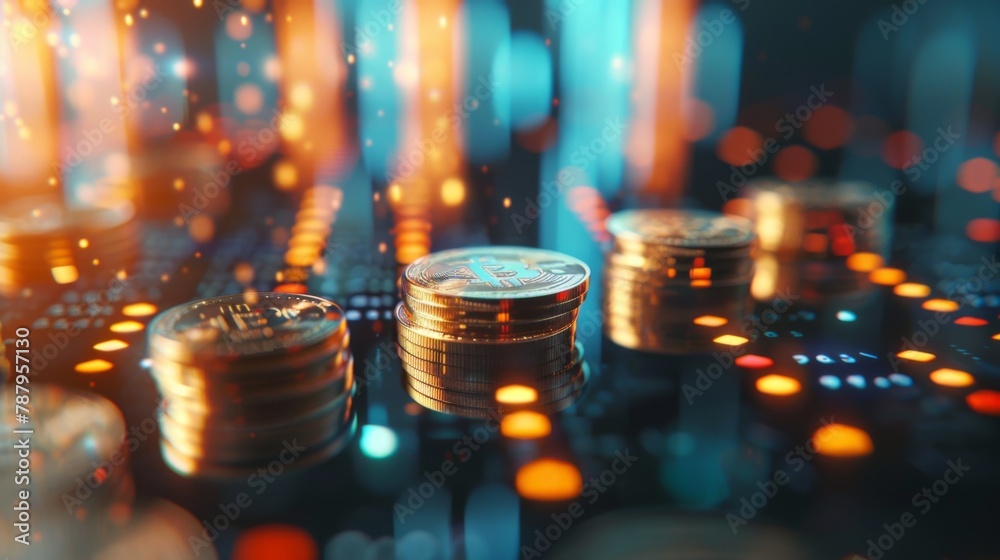 Poster coins are laid out in graph.business success concept wealth stock investment.business in the digital