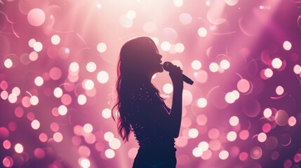 Silhouette of a female singer performing on the Stage, holding the microphone, pink smoke, and illuminated backlit stage lights.