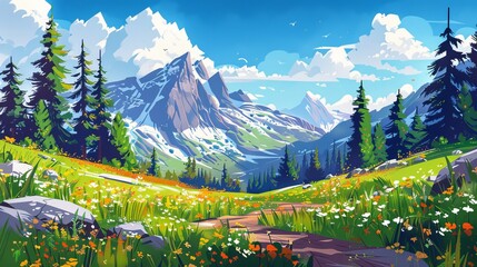 This modern clipart illustration shows a mountain valley landscape with a forest footpath. Old trees, yellow flowers in green grass, rocky peaks, white clouds in blue sky, travel background. - obrazy, fototapety, plakaty