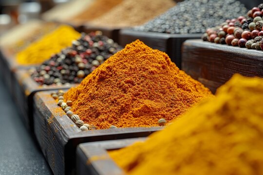 A picturesque array of spices in wooden crates, exuding warmth and the richness of flavors
