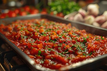 Tomato sauce with finely chopped herbs spread on a tray against a blurred background of kitchen ingredients - obrazy, fototapety, plakaty