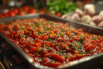 Foto op Plexiglas Tomato sauce with finely chopped herbs spread on a tray against a blurred background of kitchen ingredients © Larisa AI