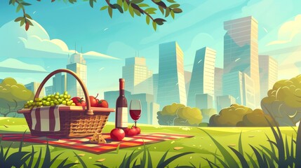 City park picnic. Modern cartoon illustration of basket with fresh fruit and vegetables, wine bottle on blanket, modern cityscape, skyscrapers, green lawn, blue skies, and green trees.