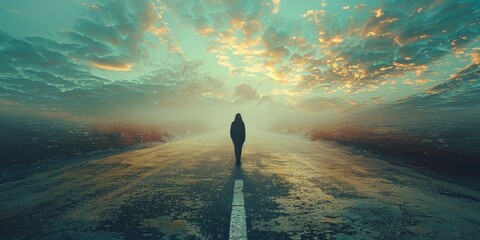 Person Standing in the Middle of an Empty Road. Generative AI