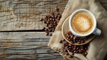 Cup of coffee latte and coffee beans in burlap sack on old wooden background - obrazy, fototapety, plakaty