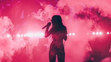 Silhouette of a female singer performing on the Stage, holding the microphone, pink smoke, and illuminated stage lights.