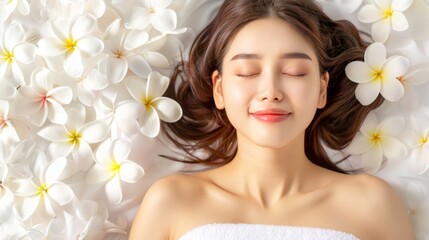 Happy Asian woman relaxing on a white frangipani flower bed in a serene spa environment, enjoying tranquility and wellness.