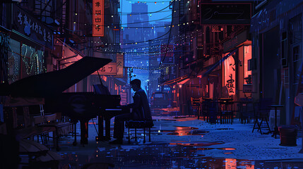 Pensive Man Playing Piano in an Atmospheric Alley with Neon Lights and Rain Puddles