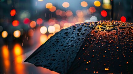 Black umbrella on a rainy day, street and traffic lights on the night.