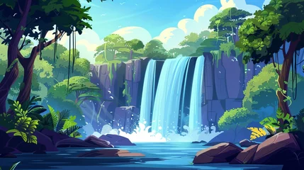 Foto op Canvas Waterfall in jungle with green trees, bushes and liana vines on shore. Cartoon modern rainforest scene with river water fountain flowing on rock cliff. © Mark