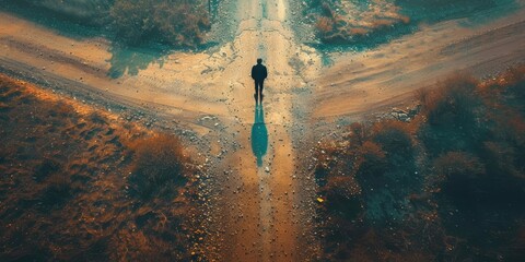 Person Standing in the Middle of a Dirt Road. Generative AI - obrazy, fototapety, plakaty