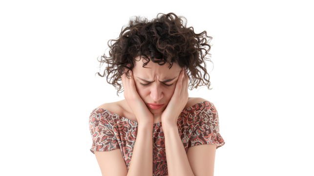 woman with a headache isolated on a white background