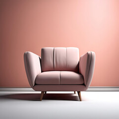 A pink chair of simple design standing near the wall. The chair has a modern and stylish look, with a smooth surface and clean lines.