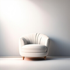 A white chair of simple design standing near the wall. The chair has a modern and stylish look, with a smooth surface and clean lines.