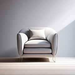 A grey chair of simple design standing near the wall. The chair has a modern and stylish look, with a smooth surface and clean lines.
