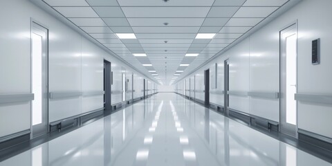 Modern Clean Hospital Corridor with Reflective Flooring and Fluorescent Lighting