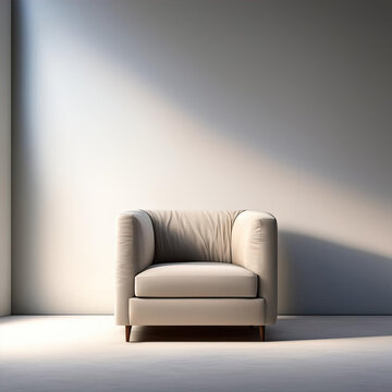 A grey chair of simple design standing near the wall. The chair has a modern and stylish look, with a smooth surface and clean lines.