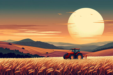 Illustrations of summer farm farming work scenes, pastoral scenery illustrations of solar terms - obrazy, fototapety, plakaty