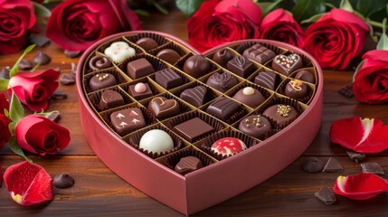 Heart-shaped chocolate box and roses.
