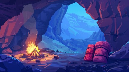 A cave with a sleeping bag near a campfire. A cartoon illustration of a fire burning in an underground grotto, smoke filling a narrow mountain tunnel, tourists with their overnight gear, and an - obrazy, fototapety, plakaty