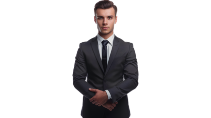 A man in a suit stands in front isolated on a transparent background