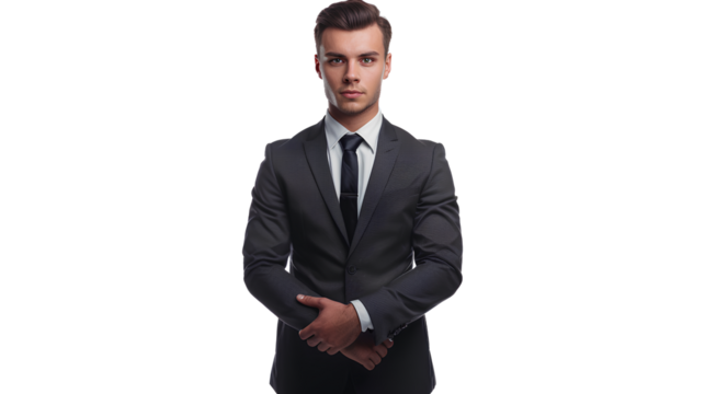 A man in a suit stands in front isolated on a transparent background