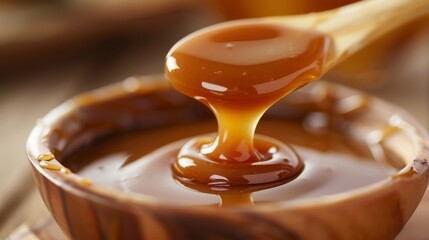 Melted caramel sauce dripping from a spoon