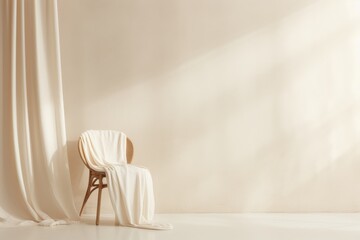 Fototapeta na wymiar A chair stands before a billowing white curtain, creating a scene of quiet contemplation