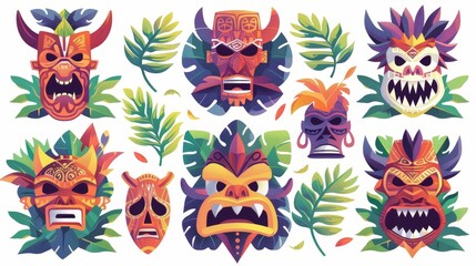 Set of Tiki masks on white background. Modern illustration of wood totems with traditional Hawaiian traits, scary faces with teeth, decorated with leaves. - obrazy, fototapety, plakaty