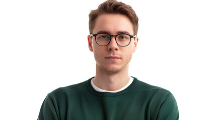 Fototapeta premium A man with glasses and a green sweater stands isolated on a transparent background
