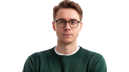 A man with glasses and a green sweater stands isolated on a transparent background
