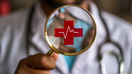 Doctor with a magnifying glass, a heartbeat graph on a red cross on the magnifying glass.