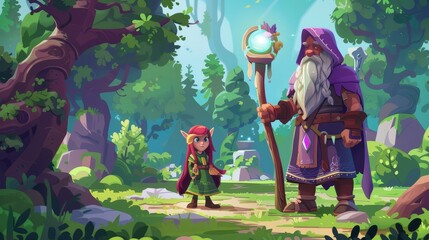 The cartoon UI of a game shows a wise older man wearing a purple hood with a long grey beard holding a wood staff holding a glowing magic ball. The elf is dressed in green with a red hair and holds a - obrazy, fototapety, plakaty