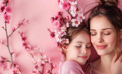 Fototapeta premium Mother and daughter isolated on Pink background embracing, Mother's Day Concept. AI Generated