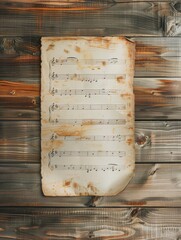 An aged sheet of music hangs on a rustic wooden wall, capturing the essence of history and sound