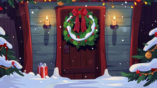 The winter xmas house entrance is decorated with a Christmas traditional wreath made of green branches, berries, ribbons and bows with candles covered with snow. Modern illustration set, with winter