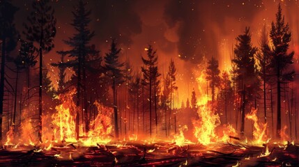 Forest fire disaster illustration, trees burning at night, wildfire nature destruction, damaged environment caused by global warming