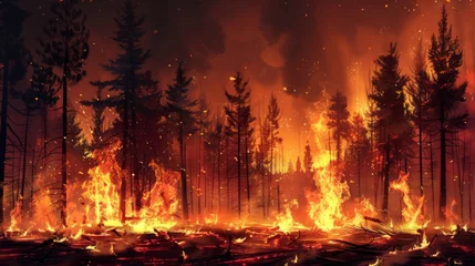 Tuinposter Forest fire disaster illustration, trees burning at night, wildfire nature destruction, damaged environment caused by global warming © Plaifah