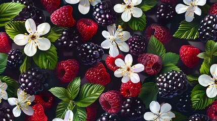 Realistic blackberries and raspberries with hyper realistic white floral pattern