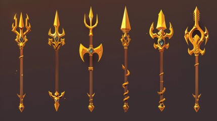 In various stages of decoration and ornamentation, fantasy metallic spear with pitchfork with Poseidon or Neptune magic golden trident for game UI level rank design. Cartoon modern illustration set. - obrazy, fototapety, plakaty