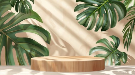The wood podium with monstera leaves on a beige background represents an organic cosmetic presentation, with shadows from tropical plants. Modern illustration of a wood podium, with a shadow from a
